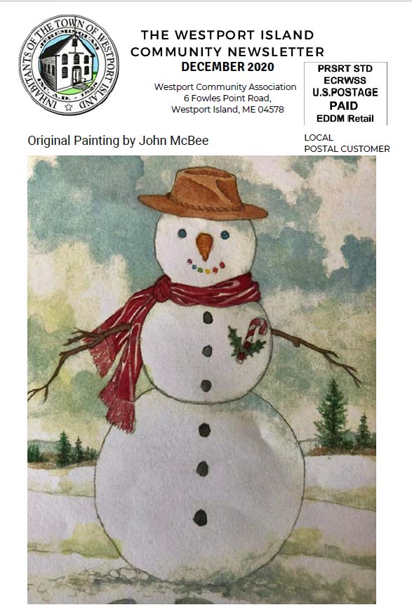 Newsletter cover with snowman painted by John McBee